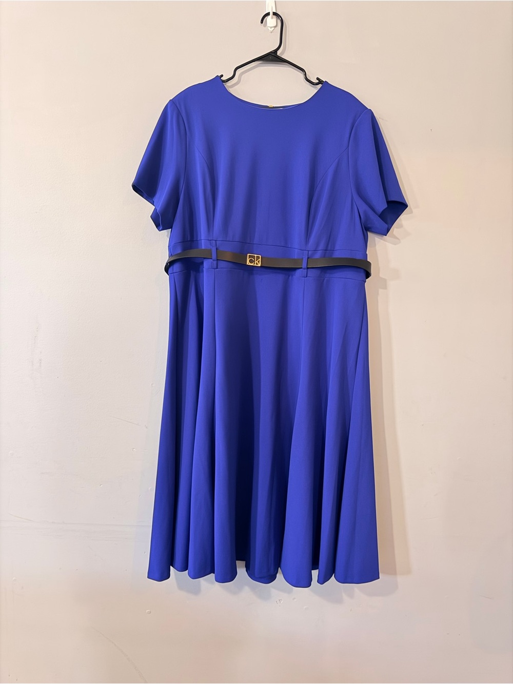 Calvin Klein Elegant Blue Fit-and-Flare Dress with Belt
